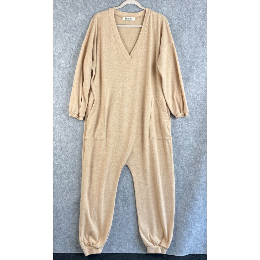 Three Bird Nest Jumpsuit Womens Medium Beige V Neck Oversized Pocket Lounge Cozy
